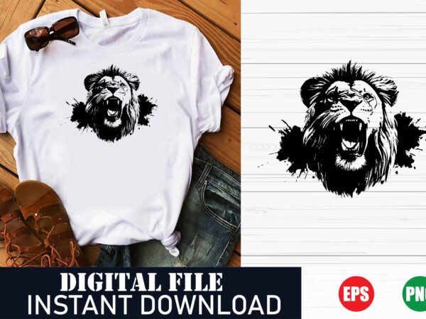 Roaring lion face vector t-shirt design, majestic lion head graphic tee, fierce lion face art t-shirt, minimalist lion face vector