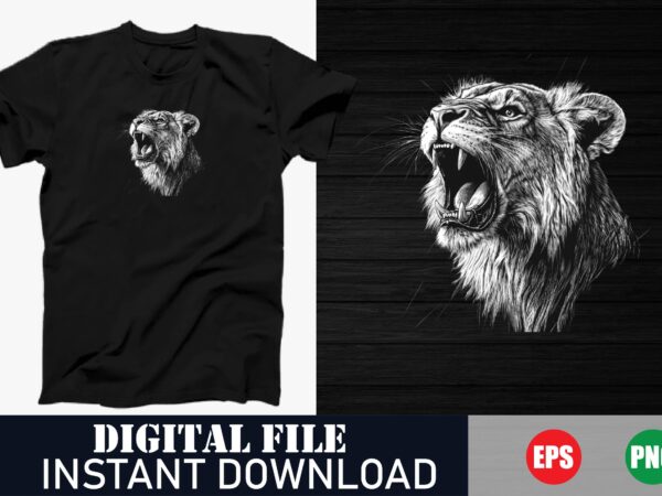 Roaring lion face vector t-shirt design, fierce lion face graphic tee, tribal lion face vector t-shirt, abstract lion face illustration