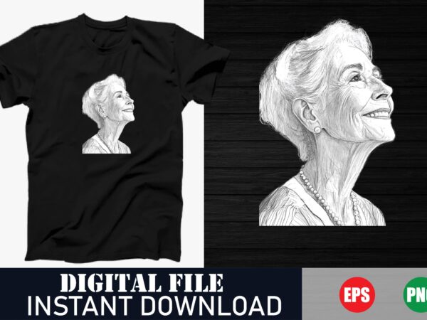 Vintage old woman face vector t-shirt design, retro elderly lady portrait t-shirt art, classic granny face vector t-shirt