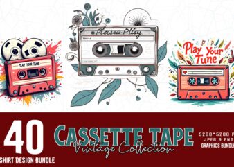 40 Retro Vintage Cassette Tape t-shirt design Mega bundle