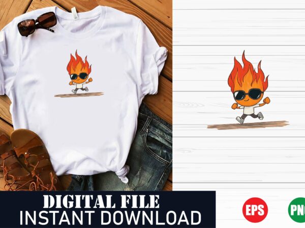 Funny burning flame t-shirt design, cute fire cartoon t-shirt, kawaii fire character tee, adorable fire graphic tee