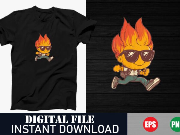 Cute fire cartoon t-shirt, playful fire kid’s t-shirt, adorable fire character top, funny burning cartoon shirt, kawaii fire flame tee