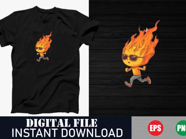 Adorable fire character t-shirt design, cute fire cartoon t-shirt, kawaii flame graphic tee, playful fire cartoon vector