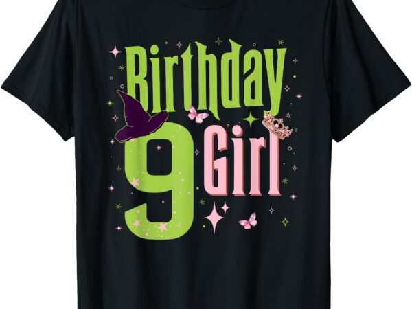 9th birthday witch pink and green 9 year old birthday girl t-shirt