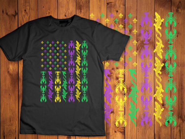 Mardi gras usa american flag crawfish alligator mardi gras t-shirt disign .