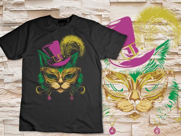 Mardi gras cat with hat glasses women kids t-shirt disign