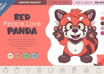 Cartoon Red Panda Peace, Love. T-Shirt, PNG, SVG.