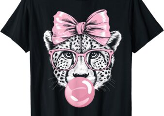 Cheetah Wearing Glasses and Blowing Pink Bubble Gum T-Shirt