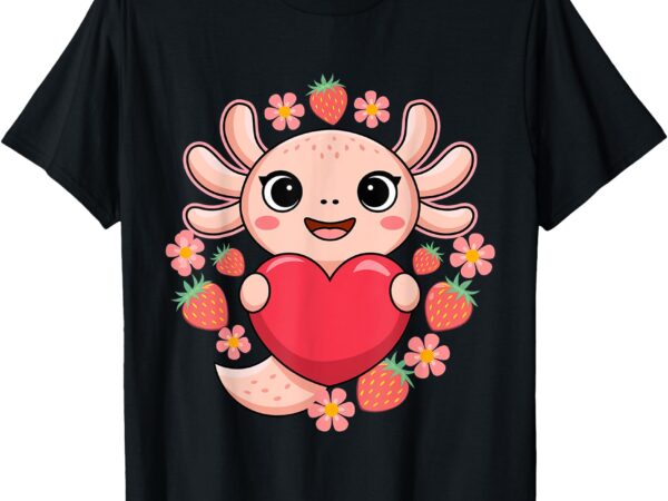 Cute axolotl with heart and strawberries for kids t-shirt