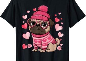 Cute Pug Red Hearts Couples Happy Valentines Day T-Shirt