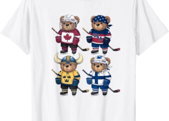 Four Nations Battle Global Face-Off Teddy Bear Hockey T-Shirt