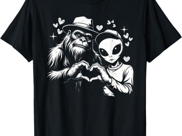 Funny bigfoot and alien sasquatch love hand sign t-shirt