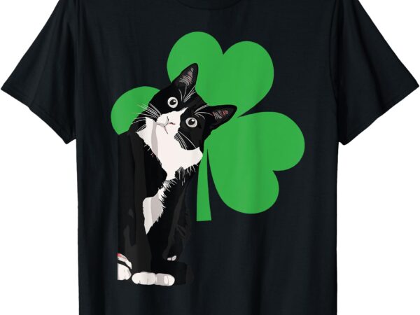 Funny black cat st patrick’s day shamrock tuxedo cat t-shirt