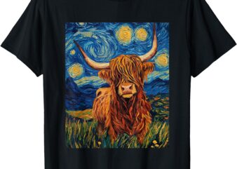 Funny Highland Cow Graphic – Van Gogh Style – Starry Night T-Shirt