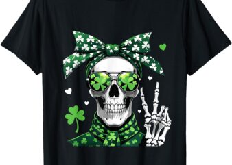 Funny St Patricks Day Skull Messy Bun Saint Pattys Tee T-Shirt