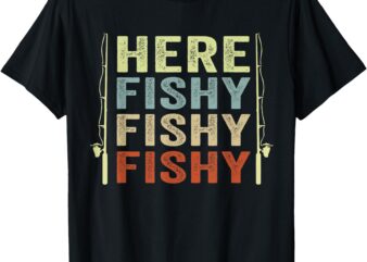 Here fishy funny fishing rod fish fisherman fisher retro t-shirt