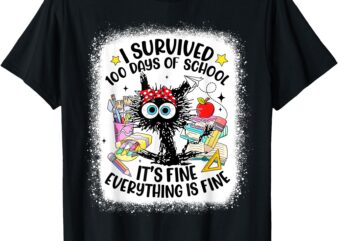 I Survived 100 Days Of School Teacher & Kids Funny Cat T-Shirt