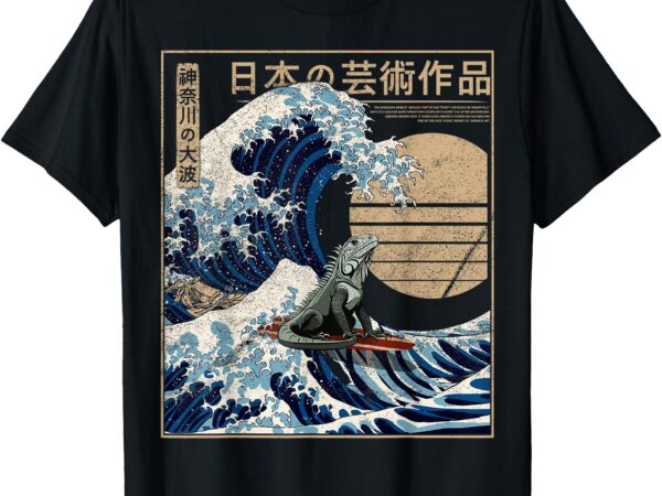 Iguana surfing the great wave off kanagawa funny japanese t-shirt