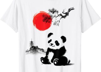 Japanese Art Sumi-e Panda with Red Sun Minimalist T-Shirt