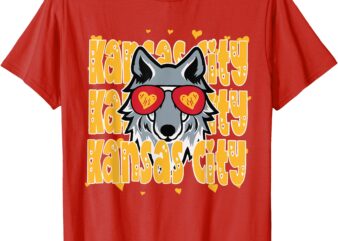 Kansas City Red Gold Heart Retro Wolf Valentine T-Shirt