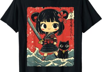 Kawaii Samurai Warrior Manga Anime Girl with Cat and Katana T-Shirt