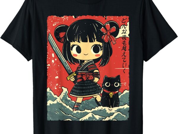 Kawaii samurai warrior manga anime girl with cat and katana t-shirt