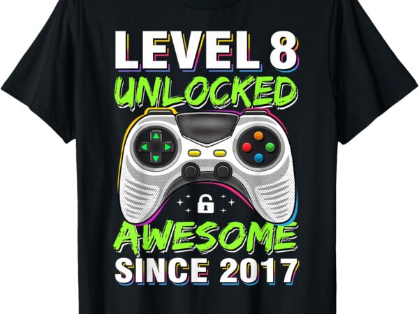 Level 8 unlocked awesome since 2017 8th birthday gaming boys t-shirt