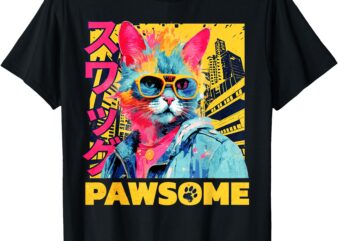 Pawsome Cat Japanese Art Funny Cat Gifts For Men Women Kid T-Shirt