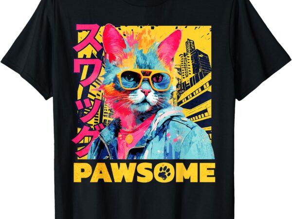 Pawsome cat japanese art funny cat gifts for men women kid t-shirt