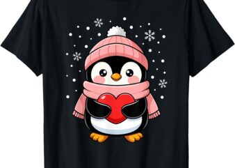 Penguin Valentines Day Red Heart Winter Toddler Girl Women T-Shirt