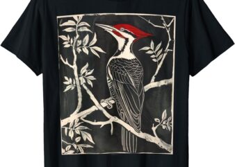 Pileated Cute Woodpecker Vintage Floral Minimalist Design T-Shirt