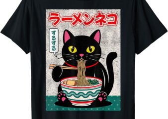 Ramen Cat Retro – Japanese Noodles Kawaii Black Cat T-Shirt