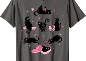 Retro Black Cat Playing Heart Valentines Day Cat Kitty Lover T-Shirt