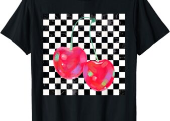 Retro Checkered Cherries Valentines Day T-Shirt