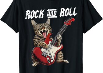 Rock & Roll Cat Playing Guitar Music Lover Band Guitarist T-Shirt