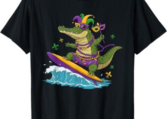 Surfing Alligator Crocodile Mardi Gras Womens Mens Funny T-Shirt