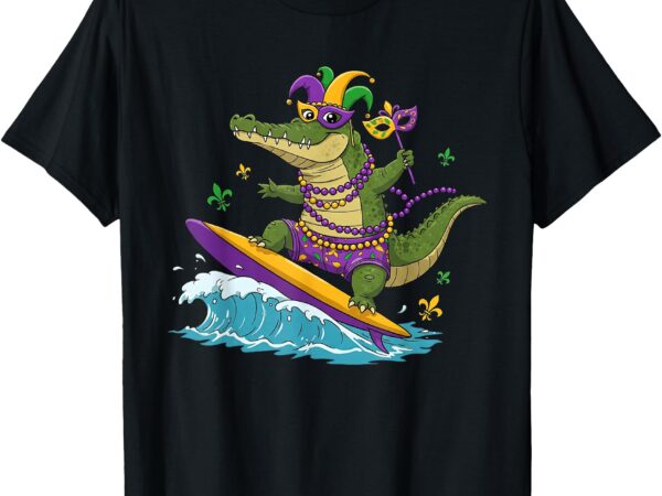 Surfing alligator crocodile mardi gras womens mens funny t-shirt