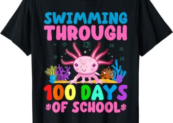 Swimming Through 100 Days of School Kids Girls Funny Axolotl T-Shirt