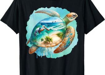 Tropical Sea Turtle with Beach and Pelican Watercolor T-Shirt