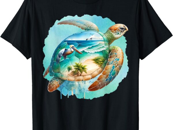 Tropical sea turtle with beach and pelican watercolor t-shirt