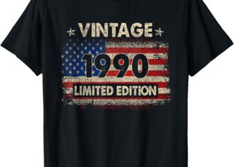 Vintage 1990 American Flag 35th Birthday Gifts 35 Years Old T-Shirt