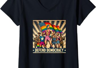 Womens LGBTQ Defend Democracy V-Neck T-Shirt