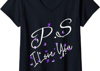 Womens PS I Love You Day Valentine’s Day Purple Heart Women Men Kid V-Neck T-Shirt