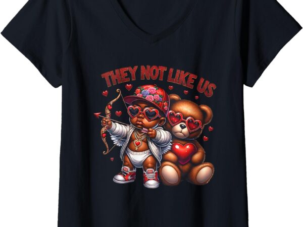 Womens they not like us black cupid blowing bubble black valentines v-neck t-shirt