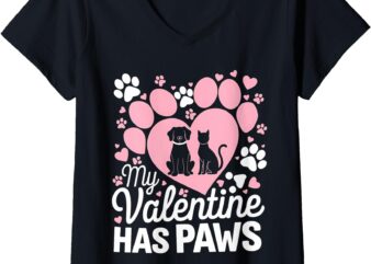 Womens Valentine’s Day Dog and Cat My Valentine Has Paws Pet Lover V-Neck T-Shirt