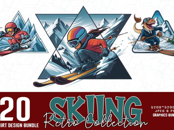 Trendy retro vintage winter sports skiing t-shirt design bundle of 20 designs – download instantly