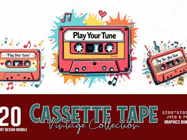 Groovy cassette tape t-shirt design bundle of 20 designs – download instantly t-shirt printable design