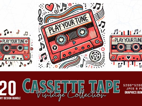 Trendy retro vintage music lover cassette tape t-shirt design bundle