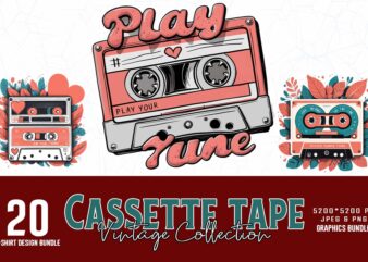 20 Retro Vintage Cassette Tape t-shirt design bundle for Print on Demand