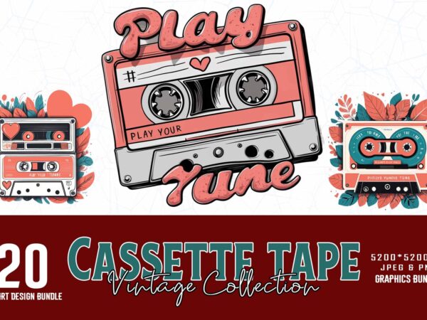 20 retro vintage cassette tape t-shirt design bundle for print on demand